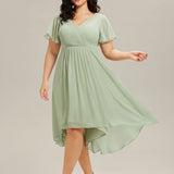 Pleated Wrap Midi Dress with Flutter Sleeves and Asymmetric Hem