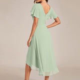 Pleated Wrap Midi Dress with Flutter Sleeves and Asymmetric Hem