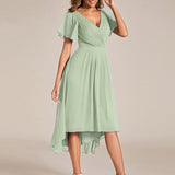 Pleated Wrap Midi Dress with Flutter Sleeves and Asymmetric Hem