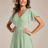 Pleated Wrap Midi Dress with Flutter Sleeves and Asymmetric Hem