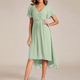 Pleated Wrap Midi Dress with Flutter Sleeves and Asymmetric Hem