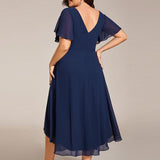 Pleated Wrap Midi Dress with Flutter Sleeves and Asymmetric Hem