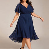Pleated Wrap Midi Dress with Flutter Sleeves and Asymmetric Hem