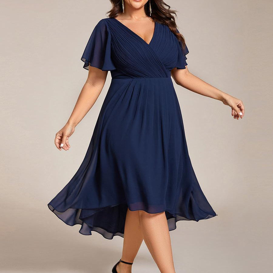 Pleated Wrap Midi Dress with Flutter Sleeves and Asymmetric Hem