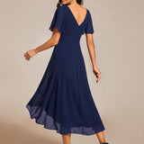 Pleated Wrap Midi Dress with Flutter Sleeves and Asymmetric Hem