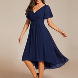 Pleated Wrap Midi Dress with Flutter Sleeves and Asymmetric Hem