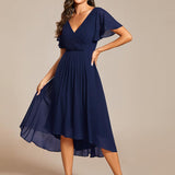 Pleated Wrap Midi Dress with Flutter Sleeves and Asymmetric Hem