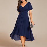 Pleated Wrap Midi Dress with Flutter Sleeves and Asymmetric Hem