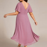 Pleated Wrap Midi Dress with Flutter Sleeves and Asymmetric Hem