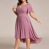 Pleated Wrap Midi Dress with Flutter Sleeves and Asymmetric Hem