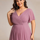 Pleated Wrap Midi Dress with Flutter Sleeves and Asymmetric Hem
