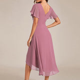 Pleated Wrap Midi Dress with Flutter Sleeves and Asymmetric Hem