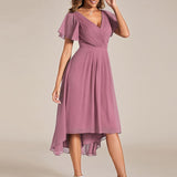 Pleated Wrap Midi Dress with Flutter Sleeves and Asymmetric Hem