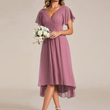 Pleated Wrap Midi Dress with Flutter Sleeves and Asymmetric Hem