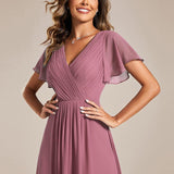 Pleated Wrap Midi Dress with Flutter Sleeves and Asymmetric Hem