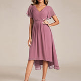 Pleated Wrap Midi Dress with Flutter Sleeves and Asymmetric Hem