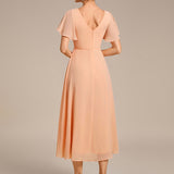 Pleated Wrap Midi Dress with Flutter Sleeves and Asymmetric Hem