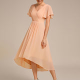 Pleated Wrap Midi Dress with Flutter Sleeves and Asymmetric Hem