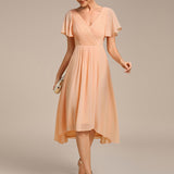 Pleated Wrap Midi Dress with Flutter Sleeves and Asymmetric Hem