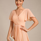 Pleated Wrap Midi Dress with Flutter Sleeves and Asymmetric Hem