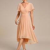 Pleated Wrap Midi Dress with Flutter Sleeves and Asymmetric Hem