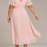 Pleated Wrap Midi Dress with Flutter Sleeves and Asymmetric Hem