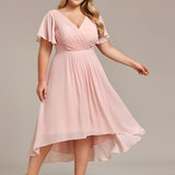Pleated Wrap Midi Dress with Flutter Sleeves and Asymmetric Hem