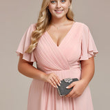 Pleated Wrap Midi Dress with Flutter Sleeves and Asymmetric Hem