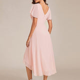 Pleated Wrap Midi Dress with Flutter Sleeves and Asymmetric Hem
