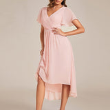 Pleated Wrap Midi Dress with Flutter Sleeves and Asymmetric Hem