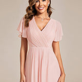 Pleated Wrap Midi Dress with Flutter Sleeves and Asymmetric Hem