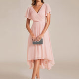 Pleated Wrap Midi Dress with Flutter Sleeves and Asymmetric Hem