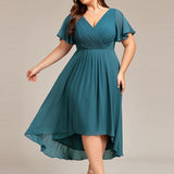 Pleated Wrap Midi Dress with Flutter Sleeves and Asymmetric Hem