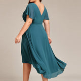 Pleated Wrap Midi Dress with Flutter Sleeves and Asymmetric Hem