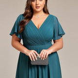 Pleated Wrap Midi Dress with Flutter Sleeves and Asymmetric Hem