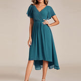 Pleated Wrap Midi Dress with Flutter Sleeves and Asymmetric Hem