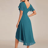 Pleated Wrap Midi Dress with Flutter Sleeves and Asymmetric Hem