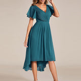 Pleated Wrap Midi Dress with Flutter Sleeves and Asymmetric Hem