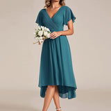 Pleated Wrap Midi Dress with Flutter Sleeves and Asymmetric Hem