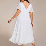 Pleated Wrap Midi Dress with Flutter Sleeves and Asymmetric Hem