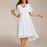 Pleated Wrap Midi Dress with Flutter Sleeves and Asymmetric Hem