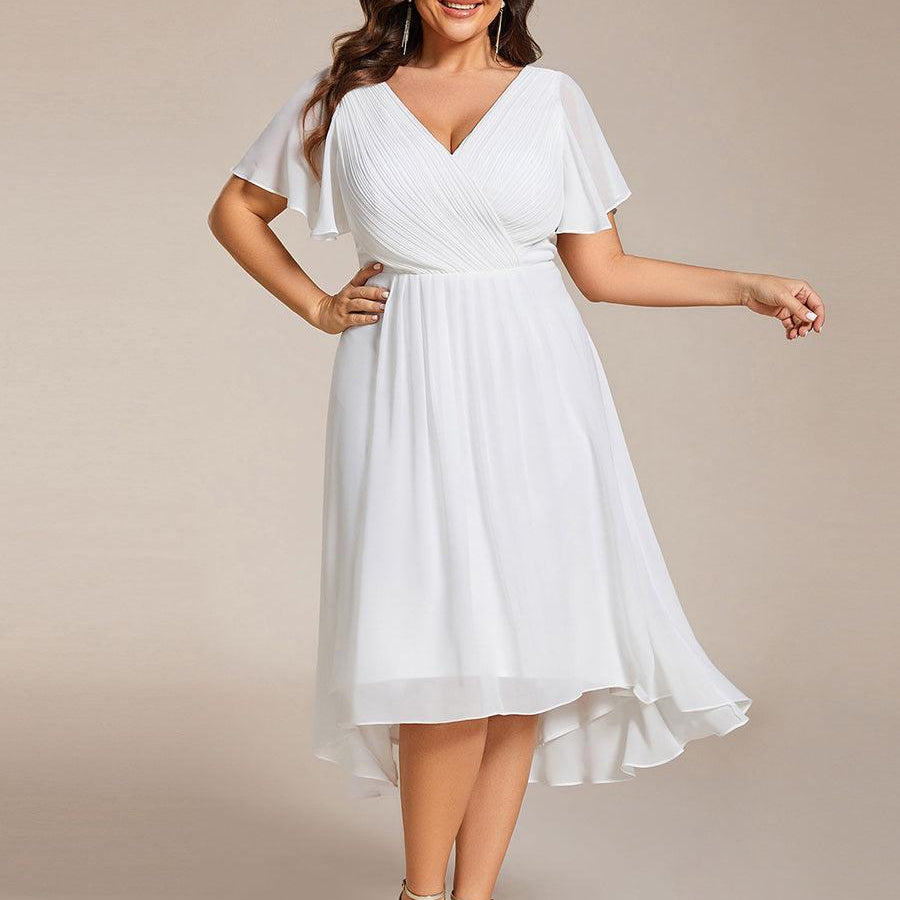 Pleated Wrap Midi Dress with Flutter Sleeves and Asymmetric Hem