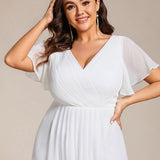 Pleated Wrap Midi Dress with Flutter Sleeves and Asymmetric Hem