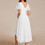Pleated Wrap Midi Dress with Flutter Sleeves and Asymmetric Hem