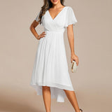 Pleated Wrap Midi Dress with Flutter Sleeves and Asymmetric Hem