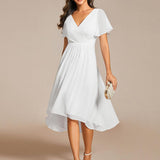 Pleated Wrap Midi Dress with Flutter Sleeves and Asymmetric Hem