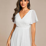 Pleated Wrap Midi Dress with Flutter Sleeves and Asymmetric Hem