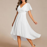 Pleated Wrap Midi Dress with Flutter Sleeves and Asymmetric Hem