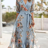Belted Wrap Midi Dress with Floral Print and Puff Sleeves