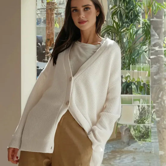 V-Neck Oversized Ribbed Knit Cardigan with Button Front